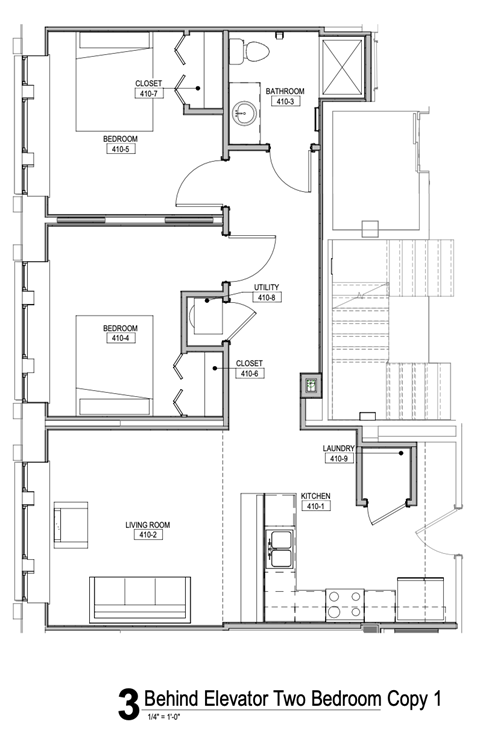 A drawing of a floor plan for a two bedroom apartment.